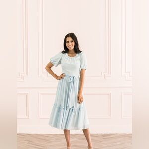 Rachel Parcell Puff Sleeve Midi Dress Tie Waist Blue White Gingham Large EUC